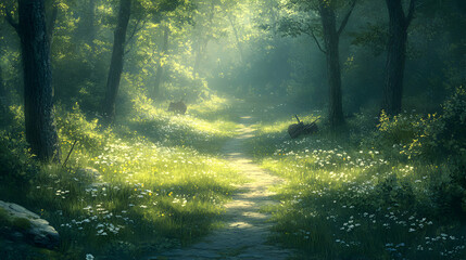 Obraz premium Serene sunlit path winding through a mystical forest, dappled light, wildflowers, abandoned wheelbarrows.