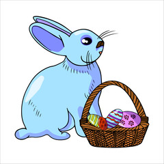 Colorful blue Easter bunny with Easter basket with hand drawn eggs