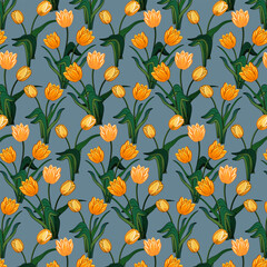 Yellow tulips on a colored background.Vector seamless pattern with bouquets of yellow tulips on a colored background.