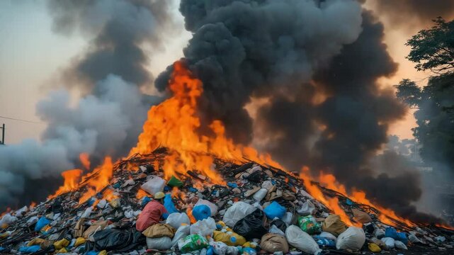Incineration of garbage and plastic waste with flames, smoke, and environmental air pollution
