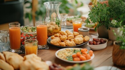 Sunlit Brunch Table: Golden Fried Dough, Vibrant Juices, and Fresh Herbs
