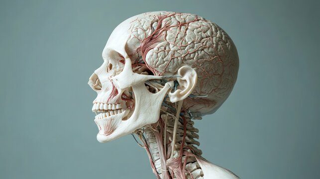 A detailed illustration of a human skull and its vascular system.