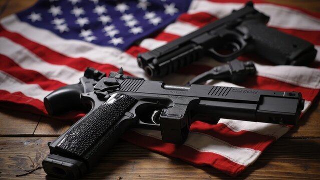 Two black handguns are placed on an American flag spread across a wooden surface. The image juxtaposes symbols of firearms and patriotism, reflecting themes of identity, rights, or national values.