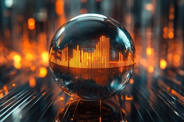 Reflective sphere shows city skyline with orange lights and futuristic lines.