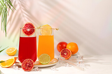 Orange juice, thick smoothie and oranges, grapefruit, lime, blood orange and lemon on elegant...