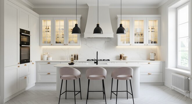 Modern and Beautifully designed kitchen showcasing a curved island, modern lighting, and a clean aesthetic