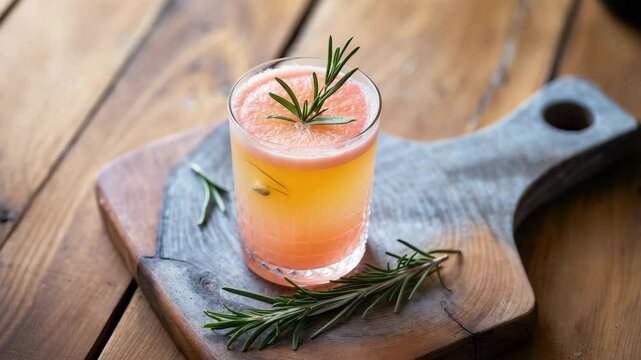 Refreshing grapefruit cocktail with rosemary garnish presented in a glass on a wooden cutting board, perfect for summer menus or cocktail ideas. Features Greyhound, lemonade, paloma, and mocktail