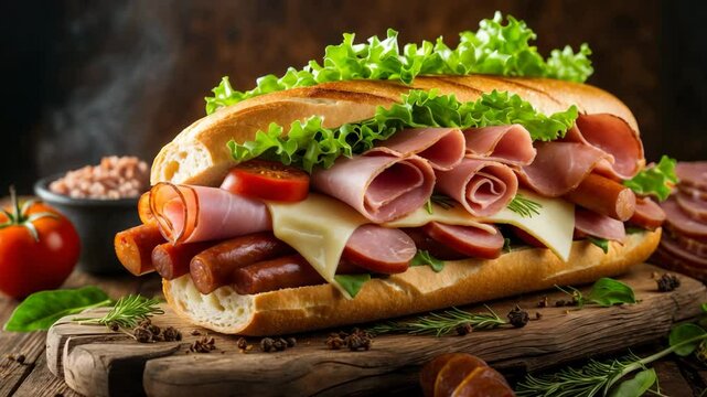 Tasty baguette sandwich featuring ham, bacon, cheese, lettuce, tomatoes, sausage, and gammon on a cutting board with herbs and spices
