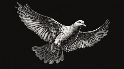 Fototapeta premium Elegant White Dove in Flight Detailed Ink Drawing Black Background Bird Wings Graphic Design Illustration Artistic Feather Avian Wildlife Nature Peace