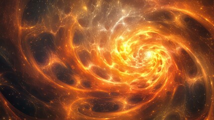 Abstract cosmic spiral vortex with glowing orange and yellow energy.