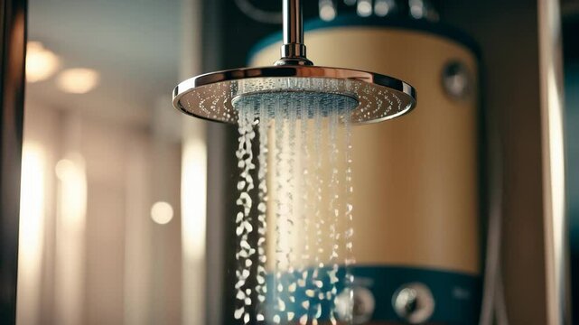 Rain shower head with electric water heater in background, water cascading down, indoor household furniture close-up