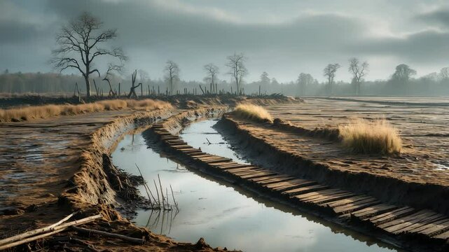 Drainage ditch at extraction site and the destruction of bogs