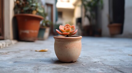 Orange succulent in a terracotta pot on a patio.