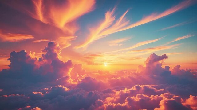 Vibrant sunset scene featuring orange and pink cloud streaks against a dimming blue sky