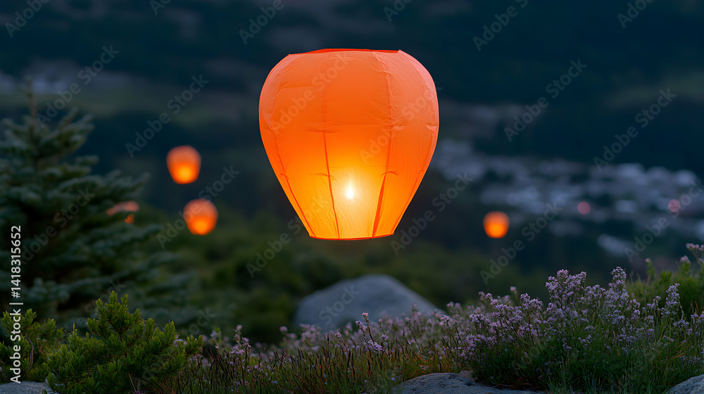 Poster magical evening scene with glowing sky lanterns floating over a tranquil landscape, creating a seren
