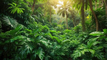 A close-up view of lush tropical foliage featuring large, glossy green leaves, including split and elongated forms