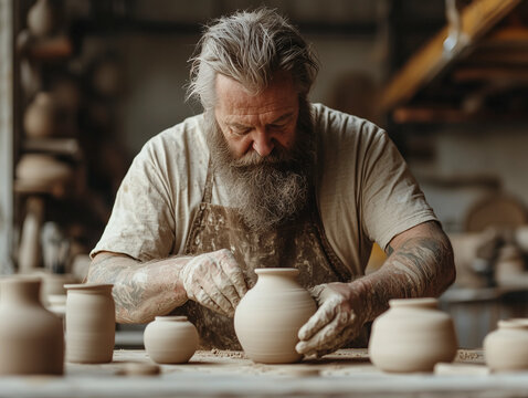 Artisan potter shaping clay pots in a rustic workshop  