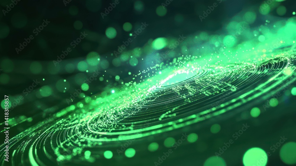 Wall mural abstract green swirl of particles with bokeh and shiny, futuristic effect.