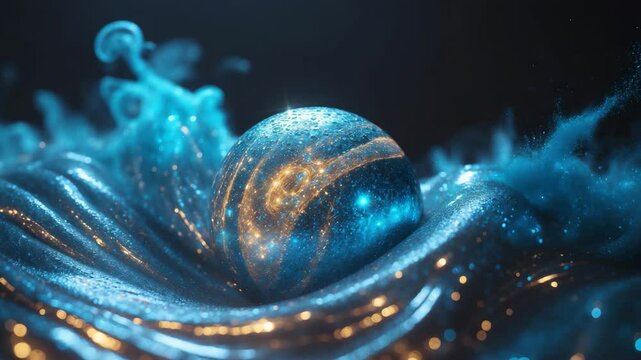 Glitter liquid and paint water with shiny swirl, sphere, glowing shimmering grain texture, smoke cloud on dark abstract art background