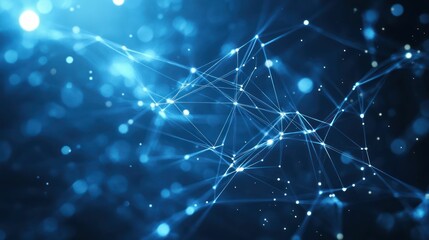 Abstract illustration of a network of lines, points, and glowing dots. Blue tone.