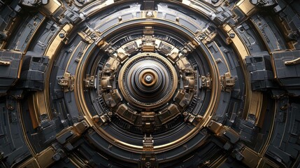 Intricate gold and gray mechanical machinery design, complex and futuristic.