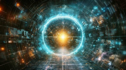 Futuristic digital tunnel with bright glowing portal at end.