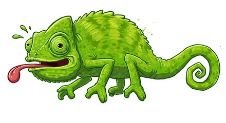 Naklejka premium Cartoon chameleon with its tongue out, brightly colored on a white background.