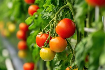 Ripe red tomatoes growing on a vine in a greenhouse environment.