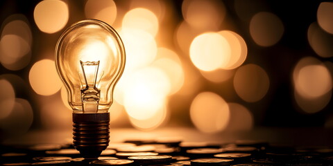 Glowing light bulb symbolizing creative idea and innovation standing next to scattered coins, concept of financial success, business solution discovery and investment strategy management