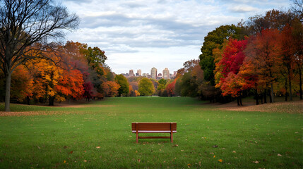 Fototapeta premium Autumn Park Scene With City Skyline And Empty Bench