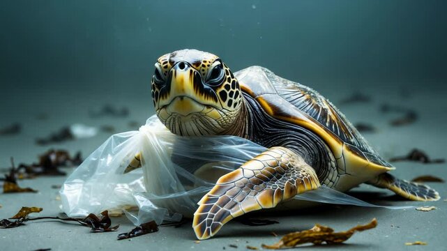 Pollution in oceans illustrated by a Sea turtle (Caretta caretta) caught in plastic