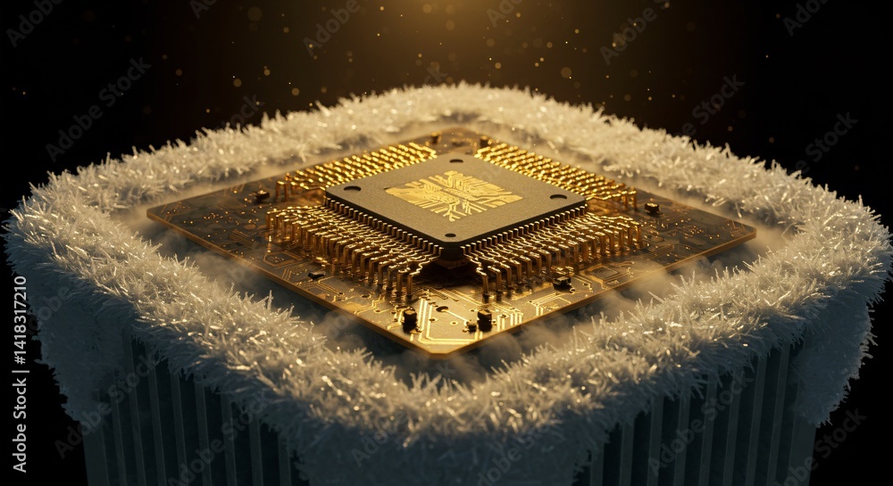 Poster golden cpu chip on a frosty heatsink with evaporating liquid. cryptocurrency mining and future compu