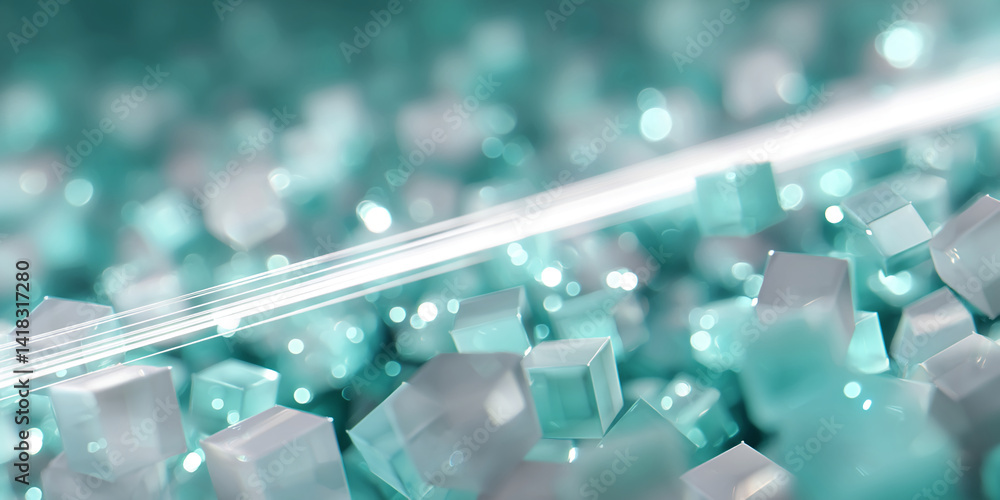 Poster abstract image of teal and white cubes, illuminated by bright lines, creating a modern and clean aes