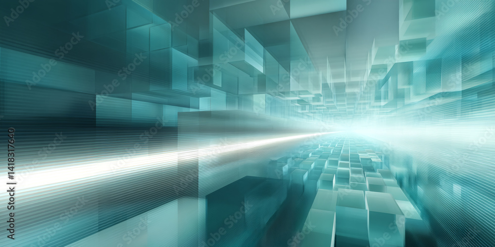Poster abstract teal cubic structure, converging towards a bright center, creating a sense of depth and per