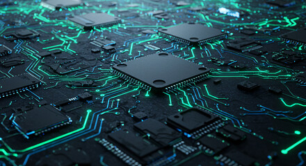 Futuristic Circuit Board with AI Chip and Blue Glow &ndash; Advanced Computing Concept
