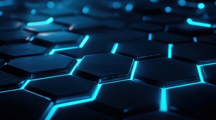 Obraz premium A dark hexagon pattern with blue neon glow between each cell.