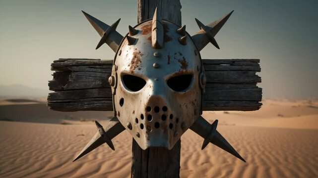 Post-apocalyptic raider warrior's metal armor mask hanging on a cross sign in a scene