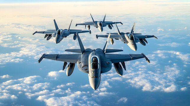 Military Fighter Jets In Formation Flight Above Clouds