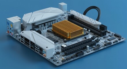 Computer motherboard with golden heatsink and cable connection. Electronic circuit board technology. Inside view of hardware component for computer advertising backdrop.