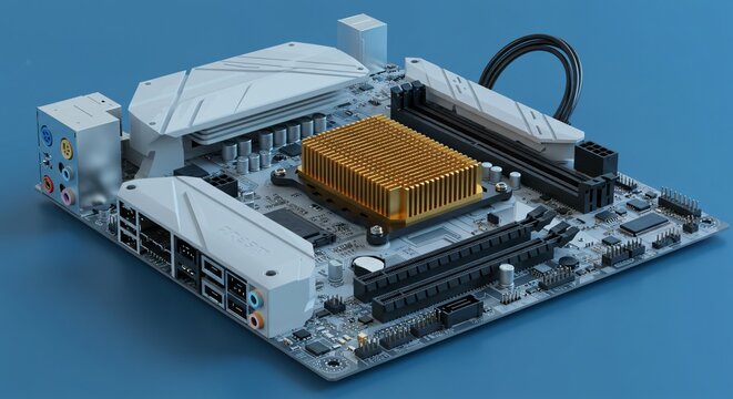 Computer motherboard with golden heatsink and cable connection. Electronic circuit board technology. Inside view of hardware component for computer advertising backdrop.