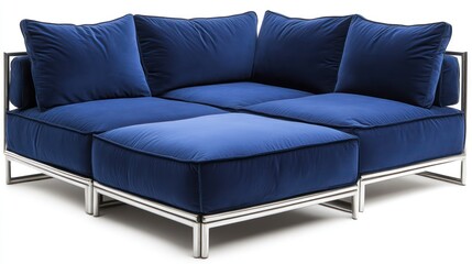 Fototapeta premium Modern Blue Velvet Sofa with Chrome Frame and Plush Cushions for Contemporary Living Spaces