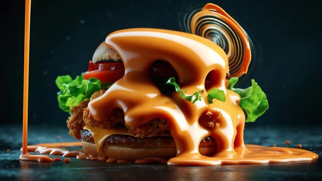 Crispy Explosive Chicken Burger with Fresh Ingredients and Vibrant Mayonnaise Splash