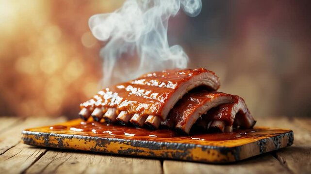 Savory grilled pork ribs with sauce and smoke, displayed on a wooden surface in a long banner design with copy space for text