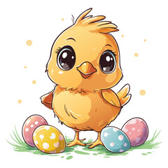 Happy Easter card with cute baby chicken and colored eggs. Kawaii holiday card with baby bird.