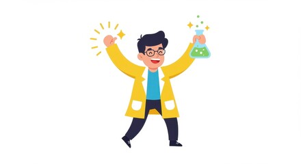 Cartoon scientist celebrating experiment success