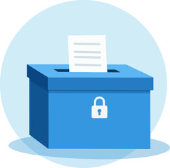 Flat Vector Blue Ballot Box with Lock and Voting Paper Icon
