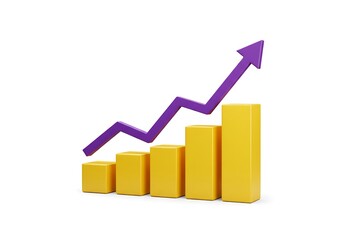 Rising yellow bars with purple arrow on white background