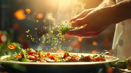 Chef Sprinkling Herbs Onto Fresh Salad Creating Culinary Masterpiece