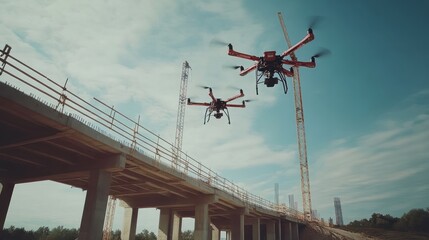 Flying Drones Monitoring Bridge Construction Site with Cranes and Blue Sky