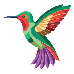 Vector art shows a flying hummingbird, a tropical bird with a long beak and vibrant wings, near a flower, illustrating nature and wildlife